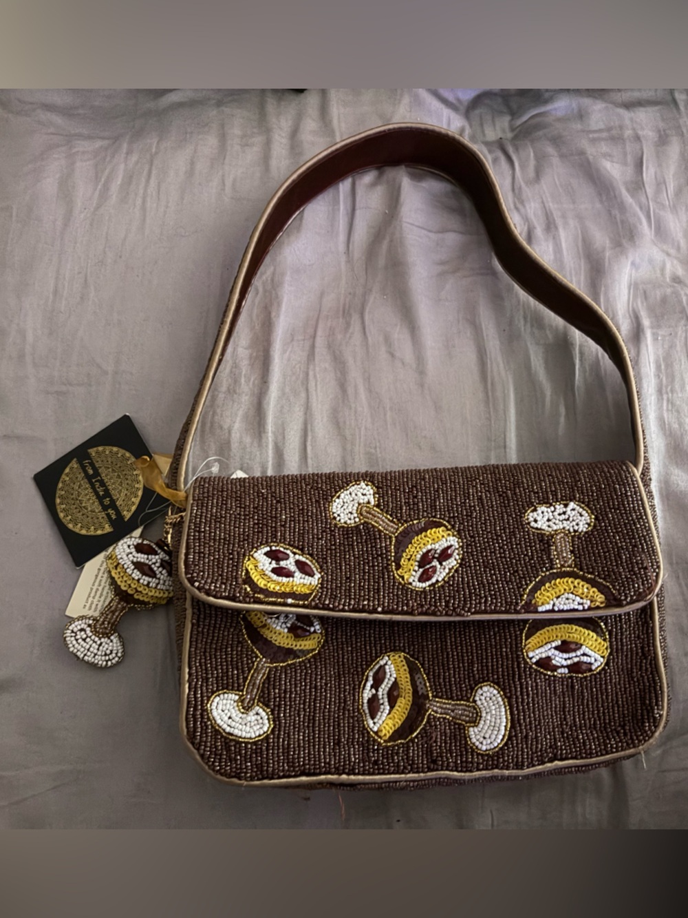 Brown Beaded Cocktail Motif Shoulder Bag